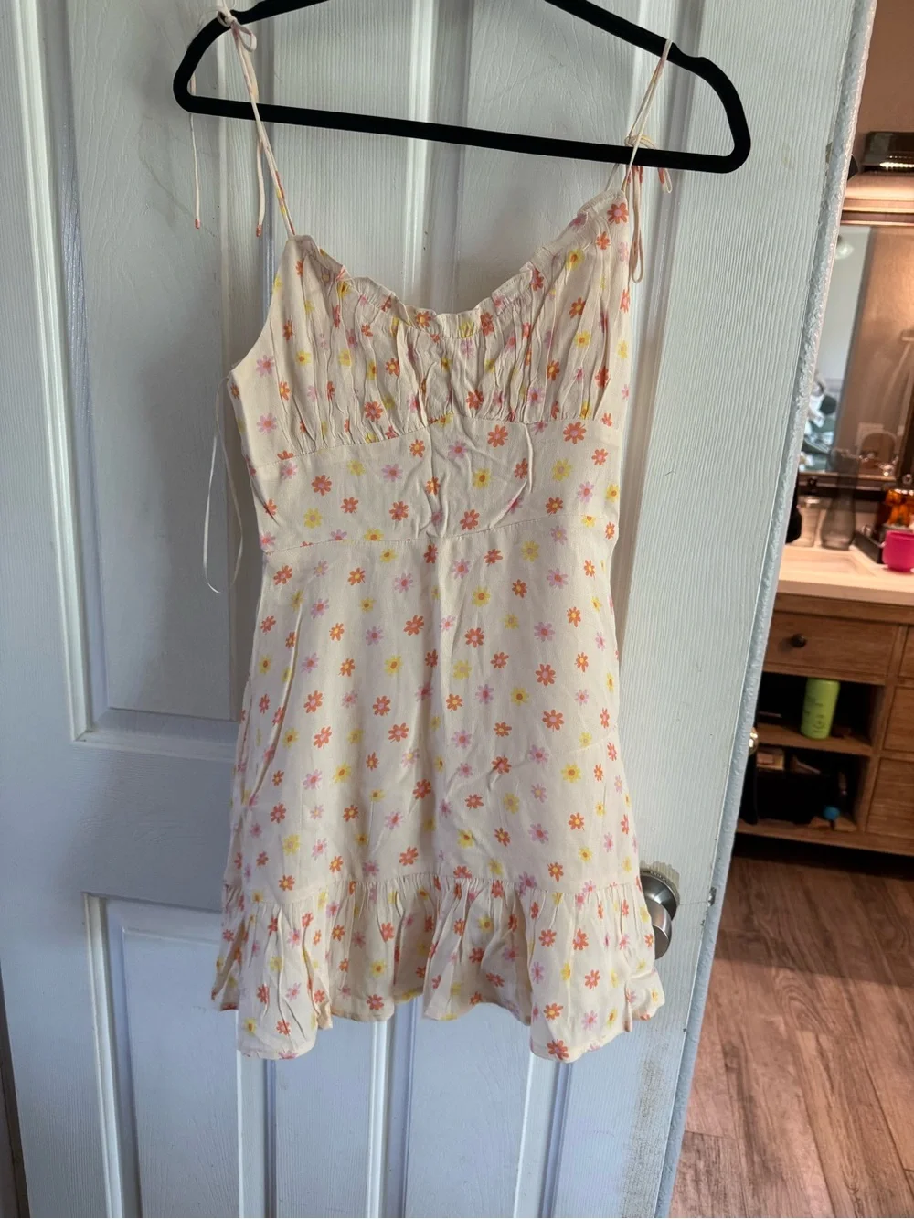 Women’s Cream Floral Ruffle Slip Dress - Lightweight Spaghetti Strap - Picture 2 of 2